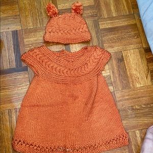 Handmade knitted dress with matching hat